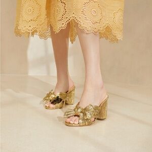 Loeffler Randall Gold Bow Block Heel Mules